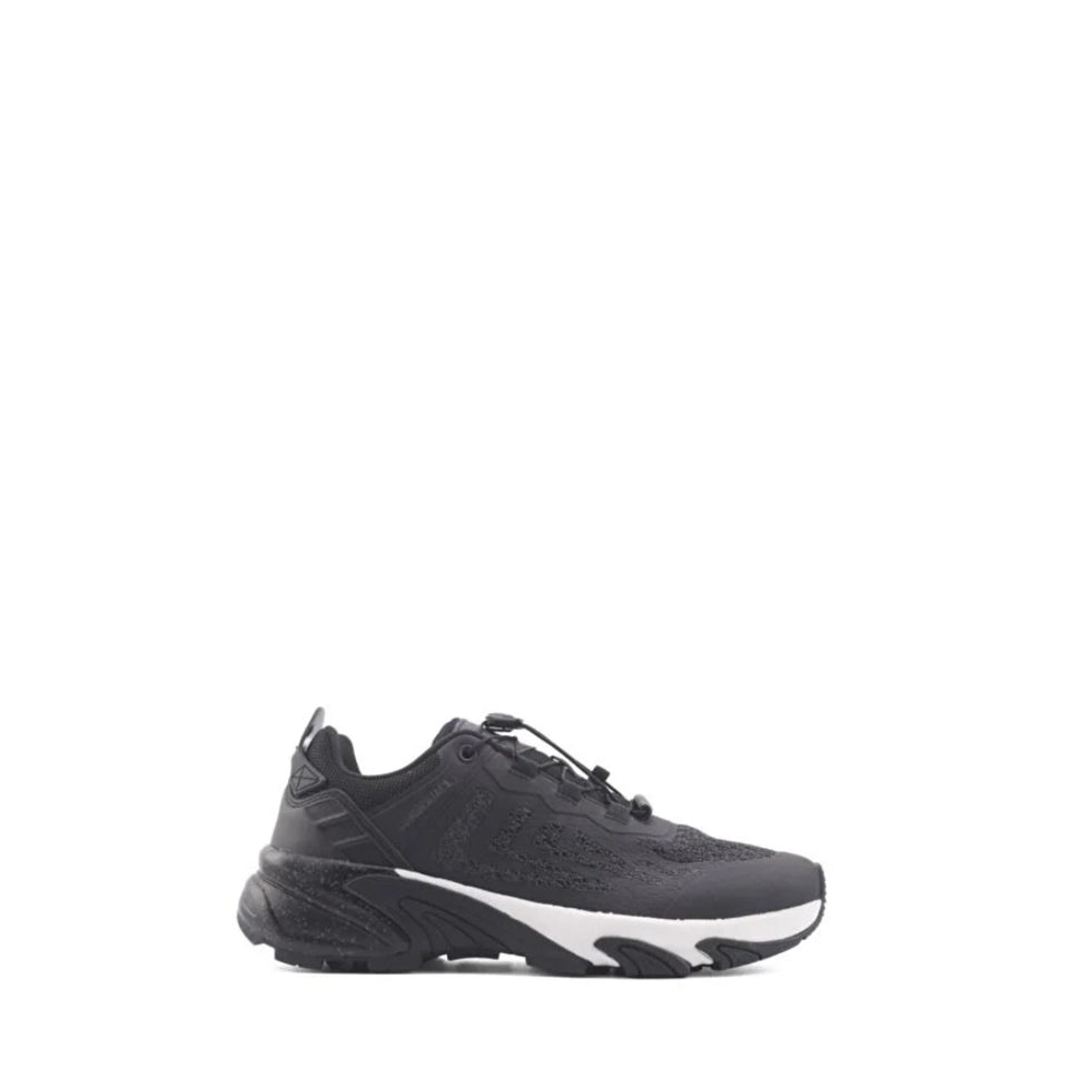 A black athletic sneaker with a chunky white and black sole, shown from a side profile view against a plain white background.