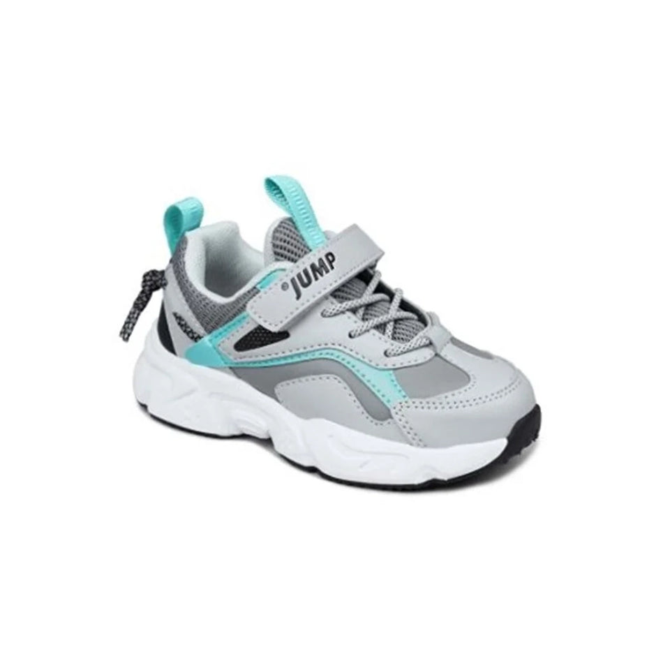 A children's gray and white chunky sneaker with light blue accents, featuring a hook-and-loop strap with 'JUMP' printed on it, set against a plain white background.