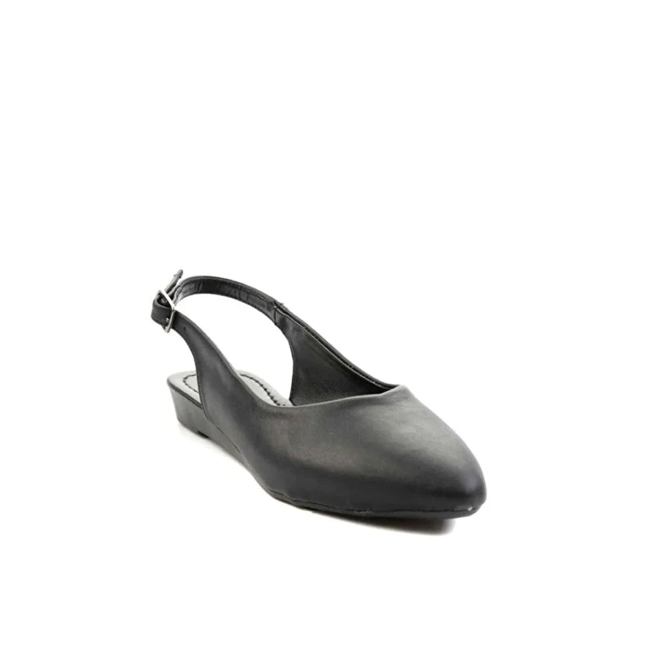 A single black leather slingback wedge shoe with a pointed toe, shown from a three-quarters angle on a plain white background.