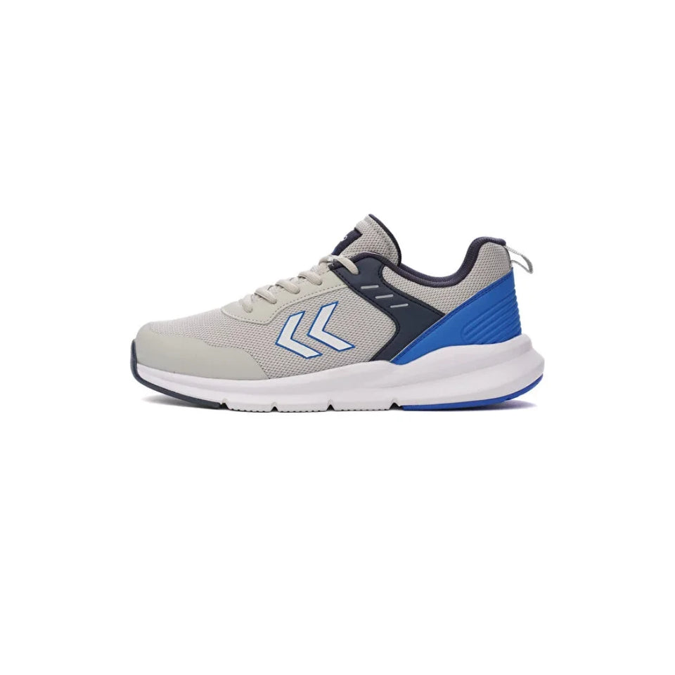 A light gray athletic sneaker with navy blue and bright blue accents, shown in a side profile on a white background.