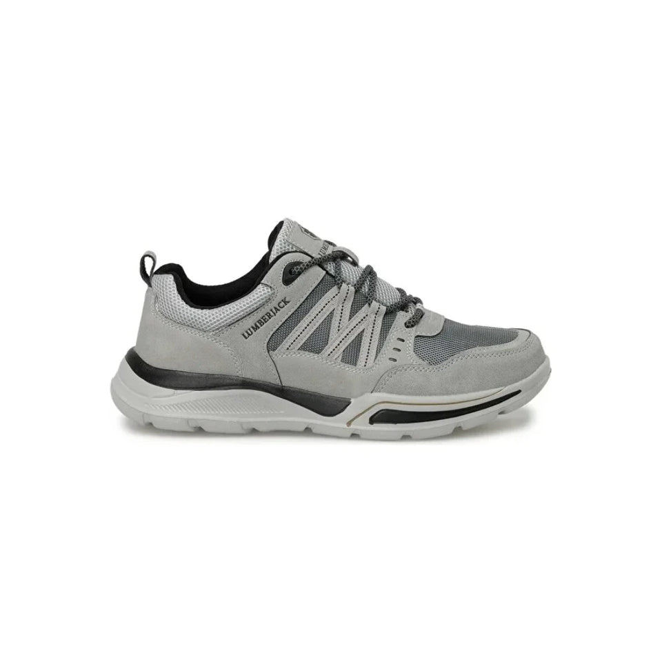 A light gray and dark gray low-top athletic sneaker with a thick gray and black sole, shown from the side on a white background.