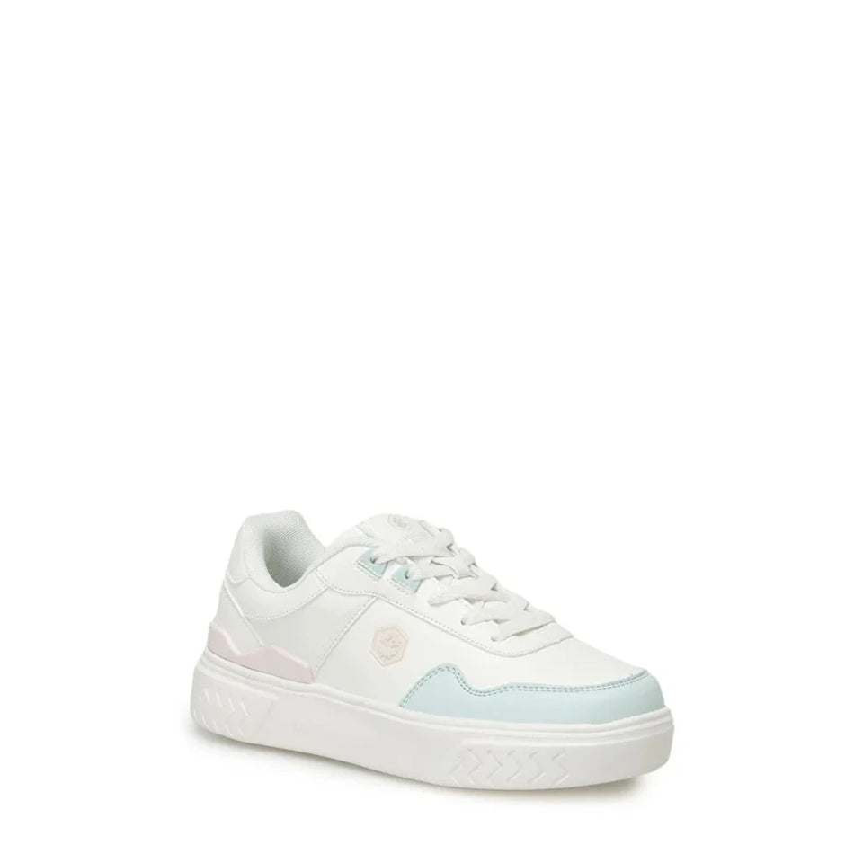 A low-top platform sneaker in white with light blue and pale pink accents on the toe, side, and heel, shown against a plain white background.