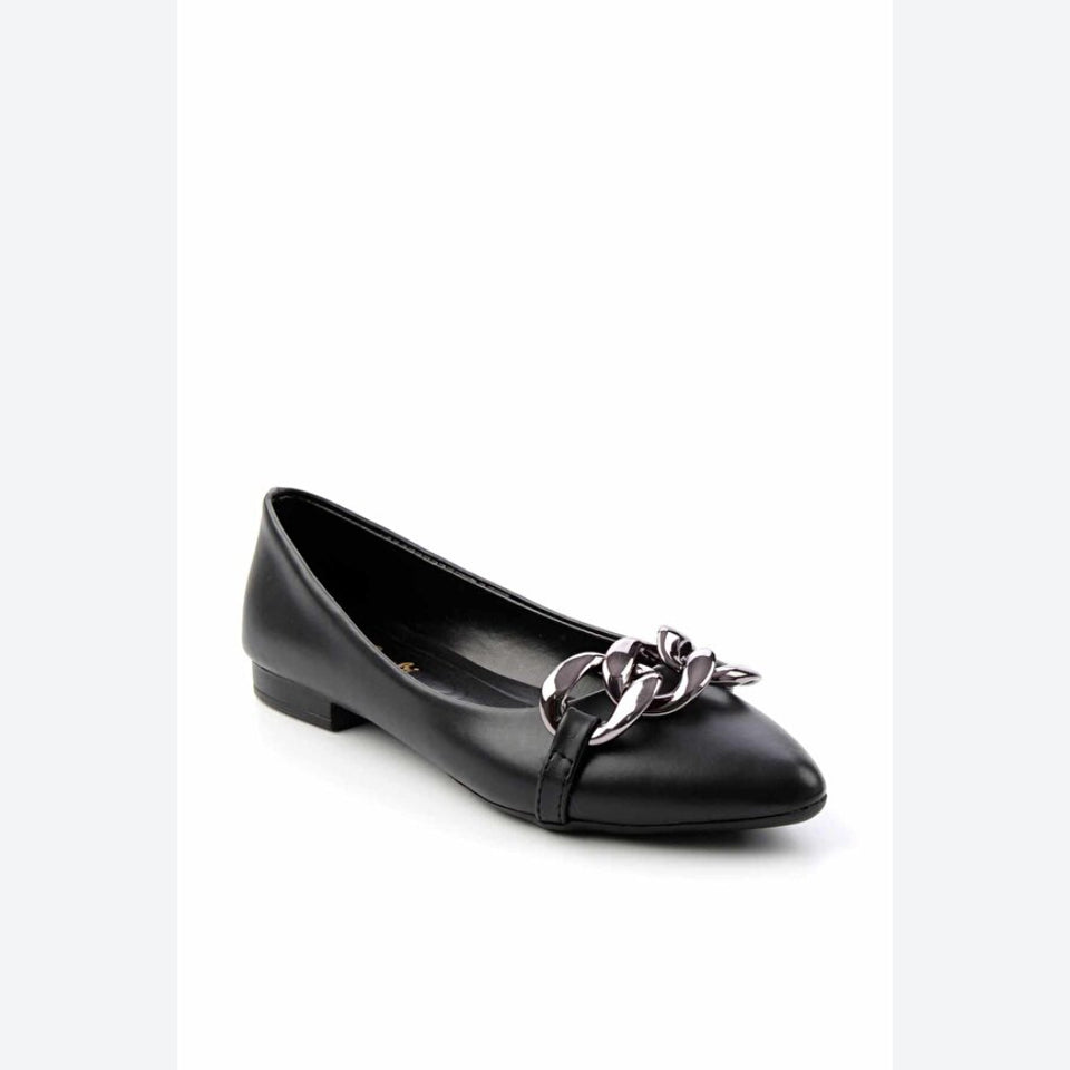 A black leather flat shoe with a chunky silver chain detail across the toe, shown on a plain white background.