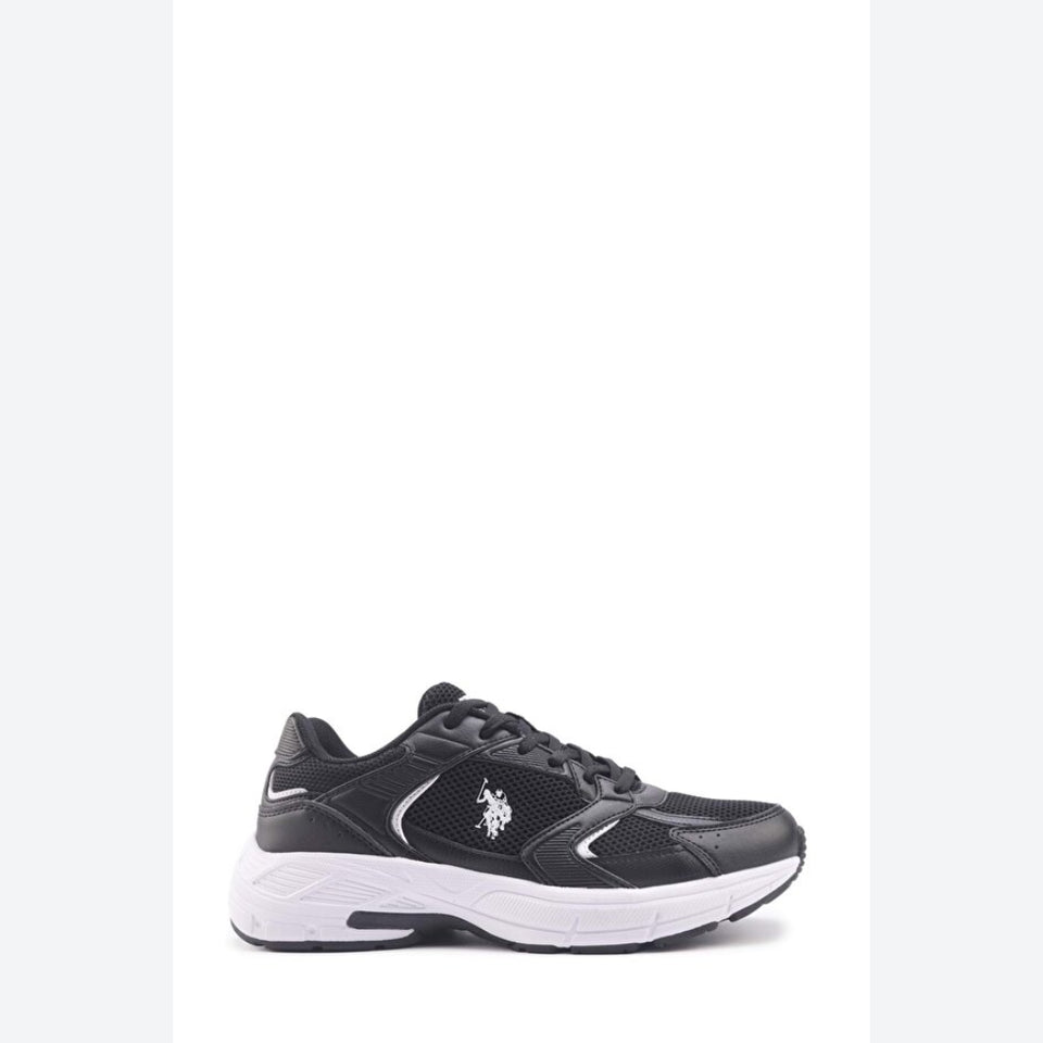 A black athletic sneaker with a white sole, featuring a mesh and synthetic upper, black laces, and a white embroidered horse logo on the side.