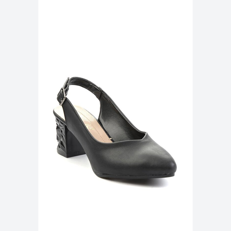 A black leather slingback pump with a low block heel and pointed toe, shown from a three-quarters angle on a white background.