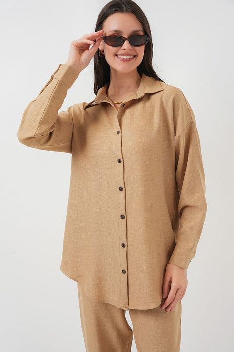 Bigdart women's Camel Oversize Linen Bottom Top Set | Bigdart In Lebanon