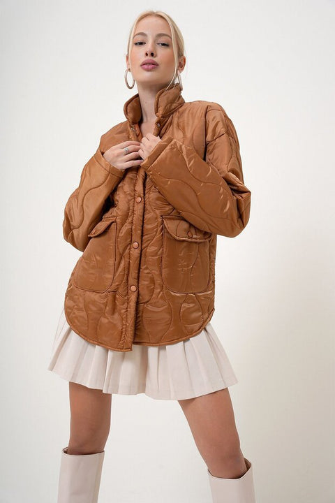 Alacatistili Women's Brown Collar Lined Pocket Quilted Jacket | Alacatistili in Lebanon