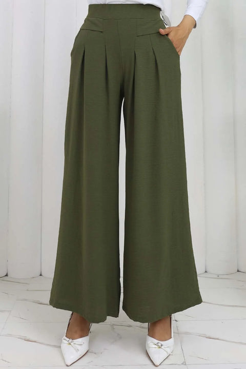Big Dart Women's Green Wide Leg Pleated Trousers | Big Dart In Lebanon