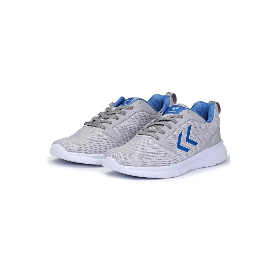 A pair of light gray athletic sneakers with blue accents on the collar lining, tongue, and side logo, set against a plain white background.
