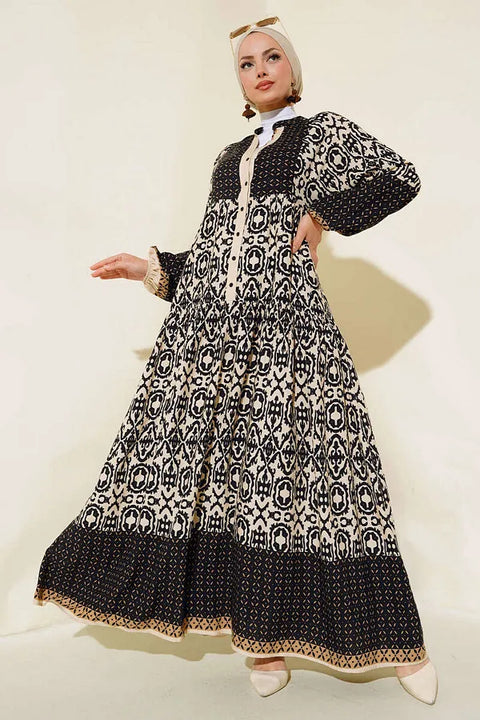 Big Dart Women's Beige & Black Authentic Patterned Hijab Dress |Big Dart In Lebanon