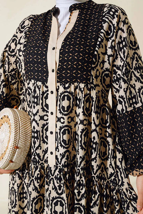 Big Dart Women's Beige & Black Authentic Patterned Hijab Dress |Big Dart In Lebanon