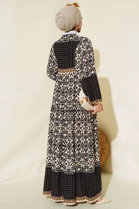 Big Dart Women's Beige & Black Authentic Patterned Hijab Dress |Big Dart In Lebanon