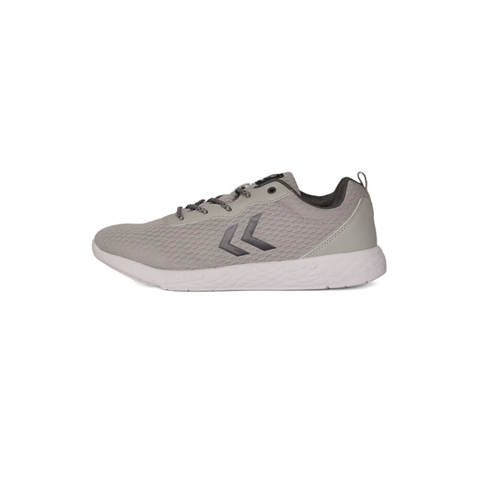 A light gray athletic sneaker with a textured mesh upper, gray laces, a dark gray chevron logo on the side, and a white midsole, shown from a side profile view against a plain white background.