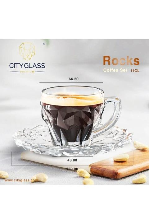 City Glass Rocks Transparent Coffee Cups Set With Saucer 12pc 110ML