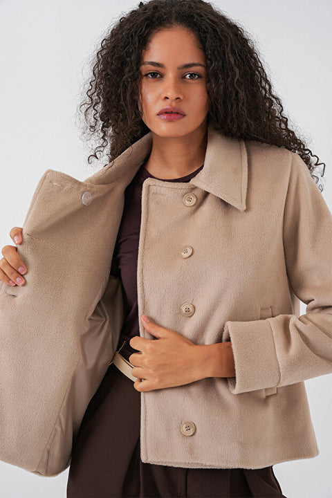 Big Dart Women's Beige Oversize Lined Short Cashmere Jacket | Big Dart In Lebanon