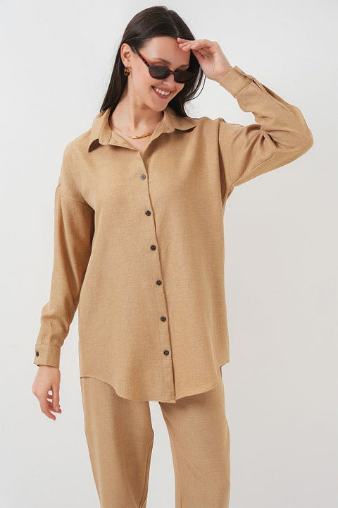 Bigdart women's Camel Oversize Linen Bottom Top Set | Bigdart In Lebanon