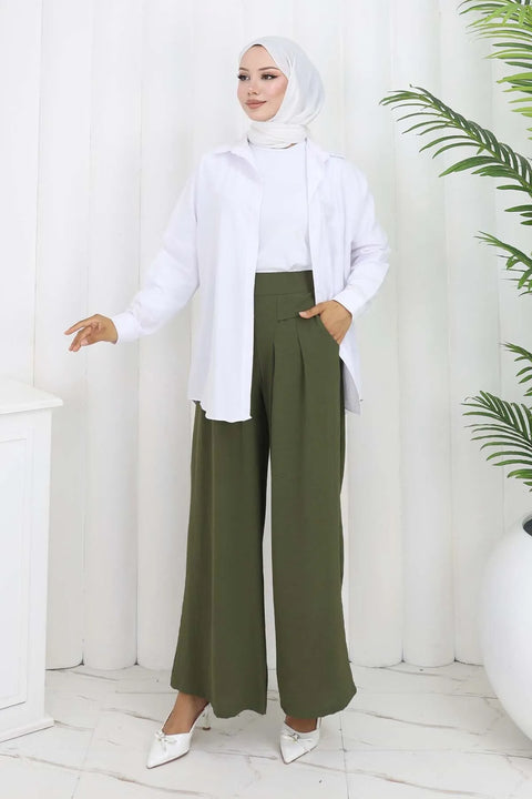 Big Dart Women's Green Wide Leg Pleated Trousers | Big Dart In Lebanon