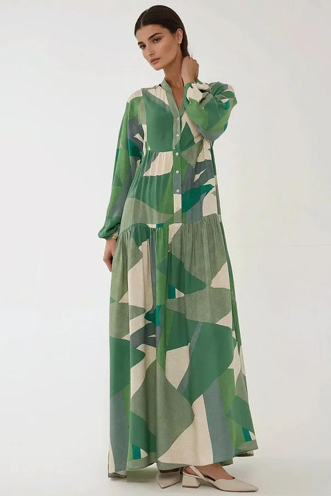 Big Dart Women's Green Printed Long Sleeve Viscose Maxi Dress |Big Dart In Lebanon