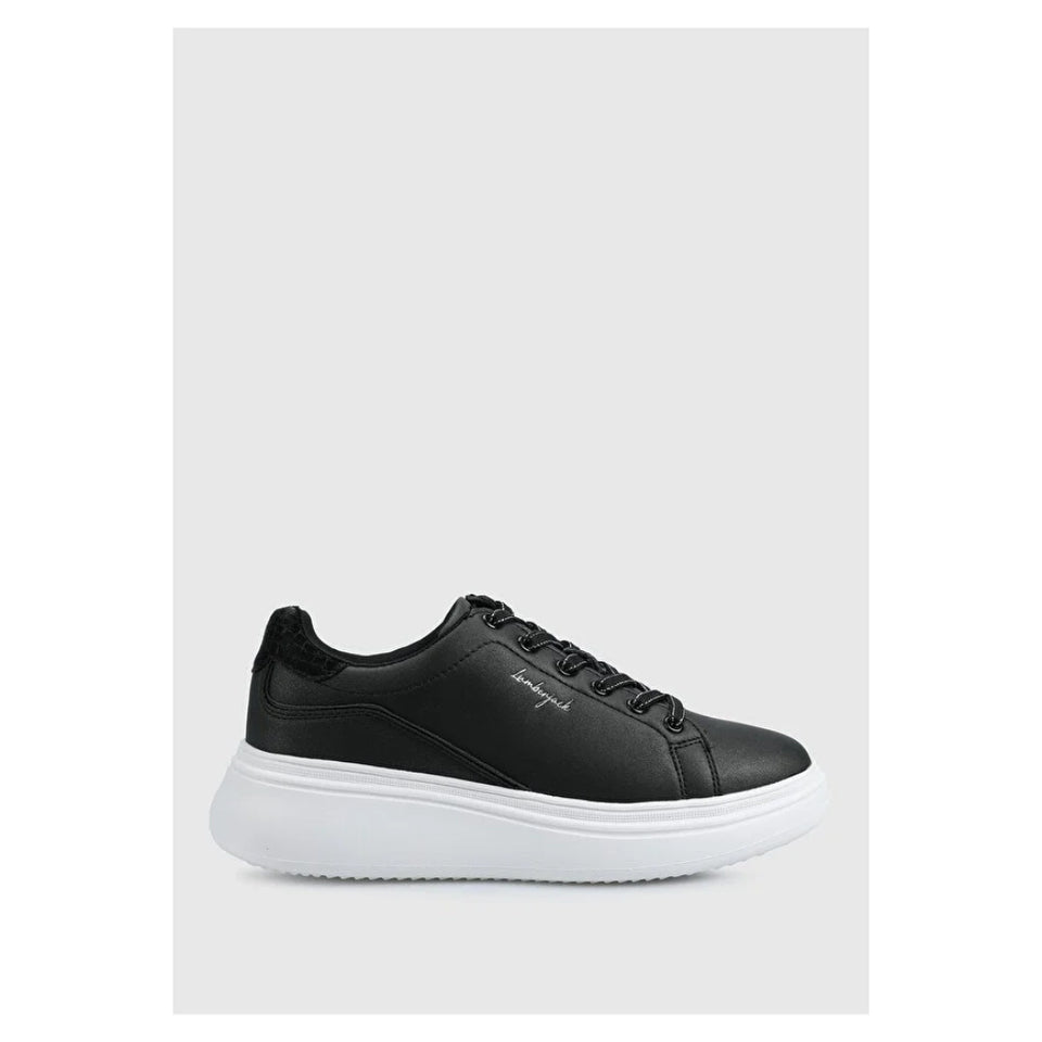 A black leather low-top sneaker with a thick white platform sole, shown in a side profile view against a light gray background.
