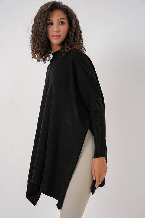 Big Dart Women's Black Slit Poncho Sweater | Big Dart In Lebanon