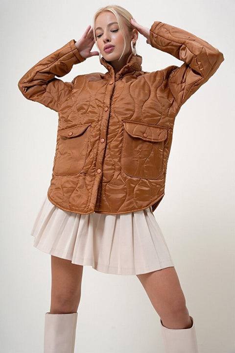 Alacatistili Women's Brown Collar Lined Pocket Quilted Jacket | Alacatistili in Lebanon