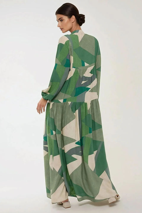 Big Dart Women's Green Printed Long Sleeve Viscose Maxi Dress |Big Dart In Lebanon