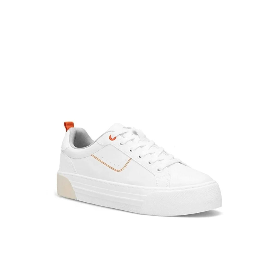 A white low-top platform sneaker with a textured rubber sole, white laces, a small orange pull tab, and a subtle orange stitched accent on the side.