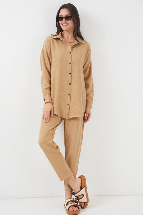 Bigdart women's Camel Oversize Linen Bottom Top Set | Bigdart In Lebanon