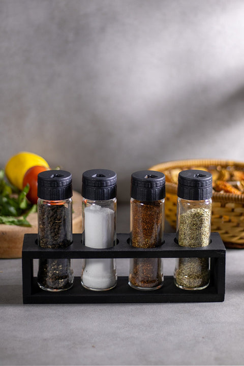 SD Home Salt & Pepper Shaker & Spice Set, 4 Pcs. Black Wooden Stand, 105 Ml Volume, Black Plastic Lid Salt Shaker-05