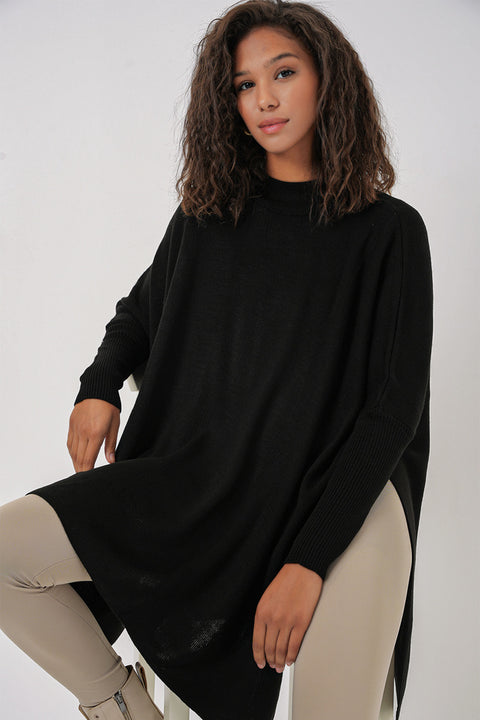 Big Dart Women's Black Slit Poncho Sweater | Big Dart In Lebanon