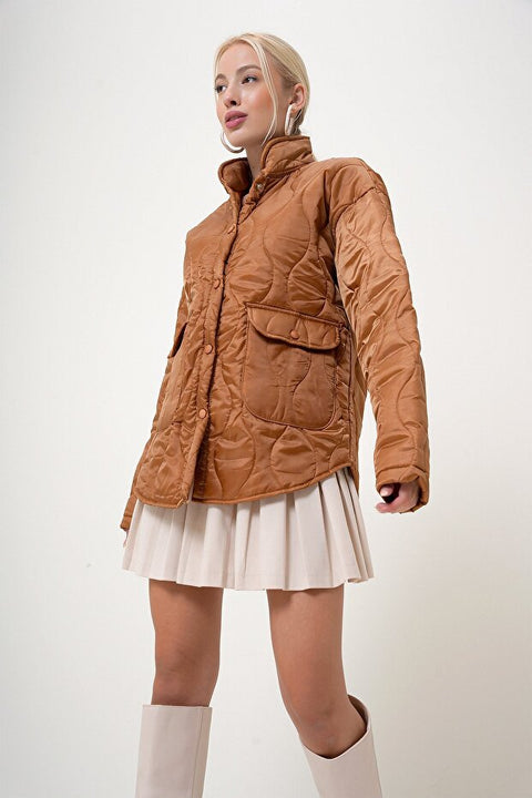 Alacatistili Women's Brown Collar Lined Pocket Quilted Jacket | Alacatistili in Lebanon