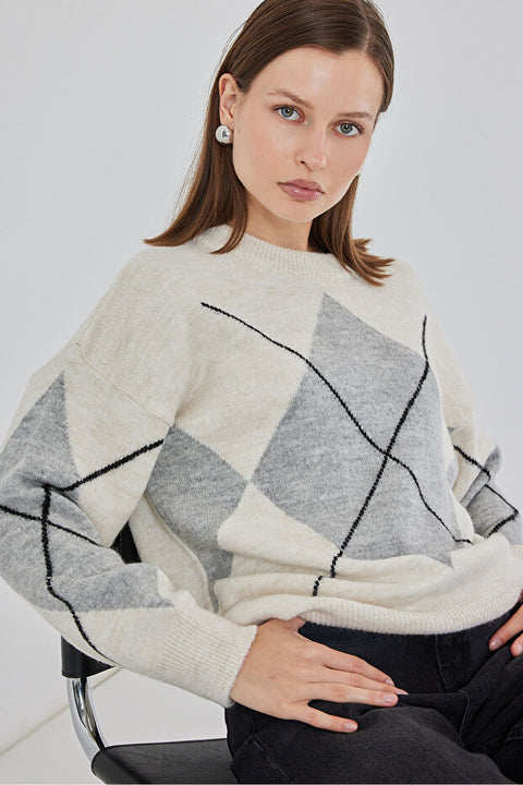 Big Dart Women's Beige & Gray Knitted Sweatshirt | Big Dart In Lebanon