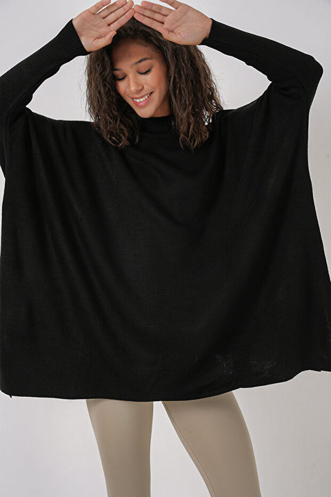 Big Dart Women's Black Slit Poncho Sweater | Big Dart In Lebanon