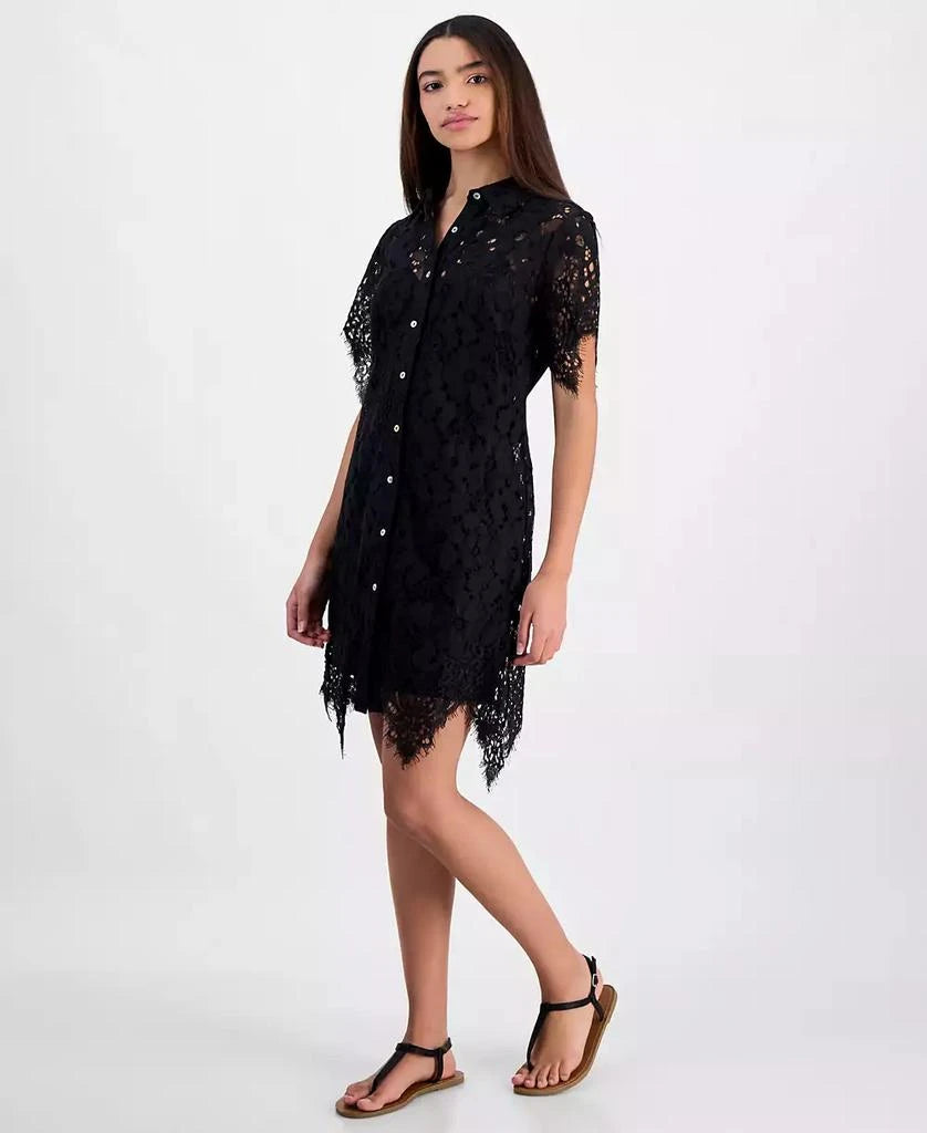 Fourteenth Place Women's Black Lace Button-Front Short-Sleeve Shirt Dress | Fourteenth Place In Lebanon