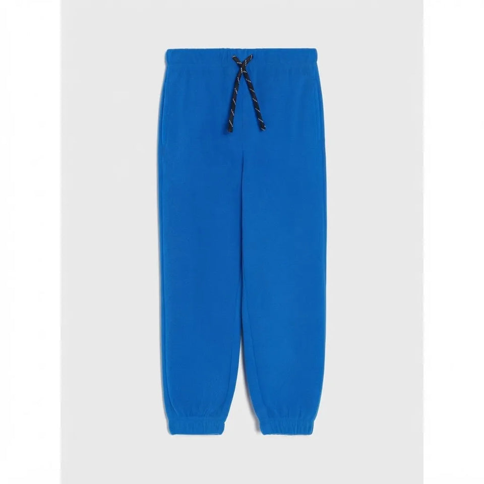 Bright blue sweatpants with an elastic waistband and a black-and-white twisted drawstring, shown flat against a light gray background.