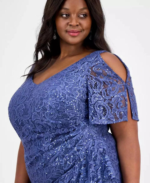 Alex Evenings Women’s Dusty Blue Plus Size V-Neck Ruffle-Trim-Slit Sequin Dress|Alex Evenings In Lebanon