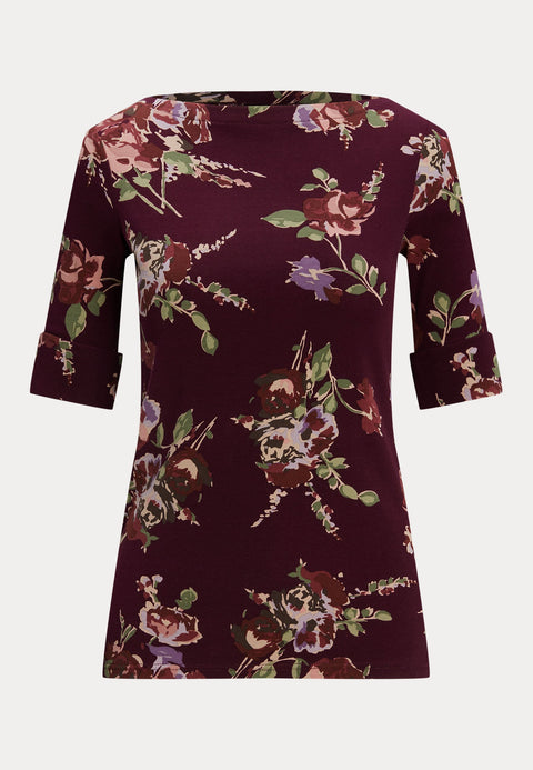 Lauren Ralph Lauren  Women's Burgundy Floral Stretch Cotton Boat Neck T-Shirt |Lauren Ralph Lauren  in Lebanon