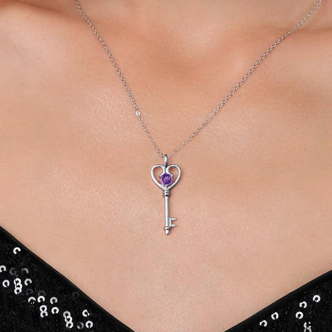 Gem Stone Women's King Silver Purple Amethyst Heart Key Pendant Necklace | Gem Stone In Lebanon