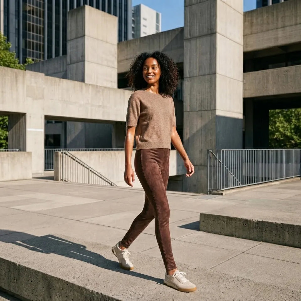 A woman walking outdoors in a modern concrete urban setting, wearing a taupe short-sleeve knit top and matching taupe leggings with white sneakers.