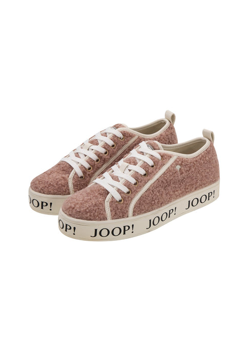Pair of pink sneakers with white laces and 'JOOP!' branding on a white background