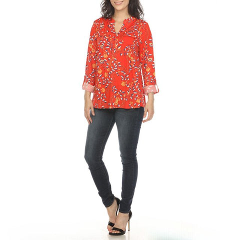 White Mark Women's Red Floral Button Front   Blouse  |White Mark   in Lebanon