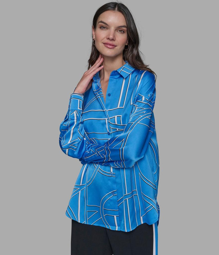 Karl Lagerfeld Paris Women's Blue Multi Satin Button-Front Shirt | Karl Lagerfeld Paris In Lebanon