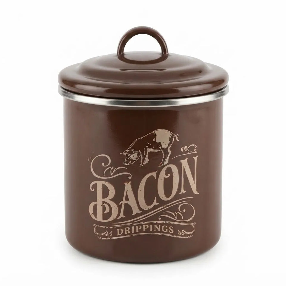 A brown ceramic canister with a matching lid, featuring a silver metal rim and a printed design of a pig and the words 'BACON DRIPPINGS' in a light beige font, set against a plain white background.