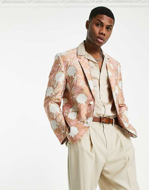 Asos Design Men's Pink Slim Floral Jacquard Blazer ANF3423