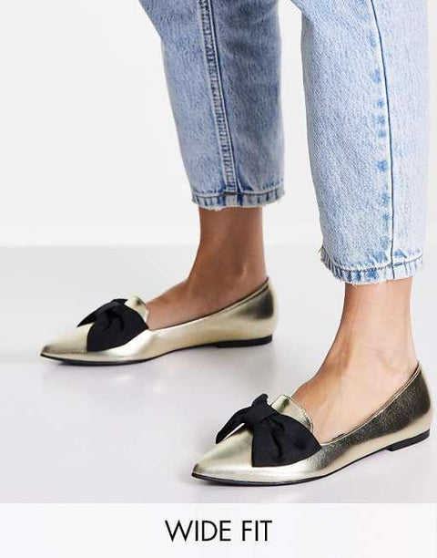 Asos Design Women's Gold  Wide Fit Lake Bow Ballerina ANS886