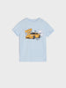 Light blue t-shirt with a yellow car graphic and text on a white background