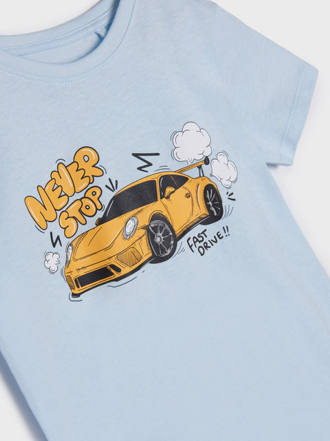 Light blue t-shirt with a yellow car graphic and text on a white background
