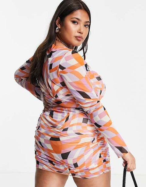 Asos Design Women's Multicolor Curve Long-Sleeve Mini Dress ANF2813