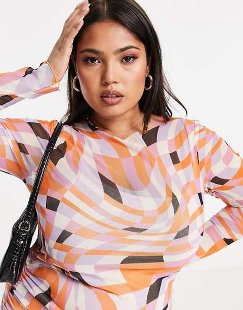 Asos Design Women's Multicolor Curve Long-Sleeve Mini Dress ANF2813