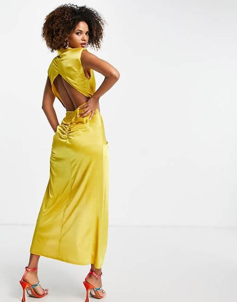 Asos Design Women's Mustard Satin Dress ANF2697